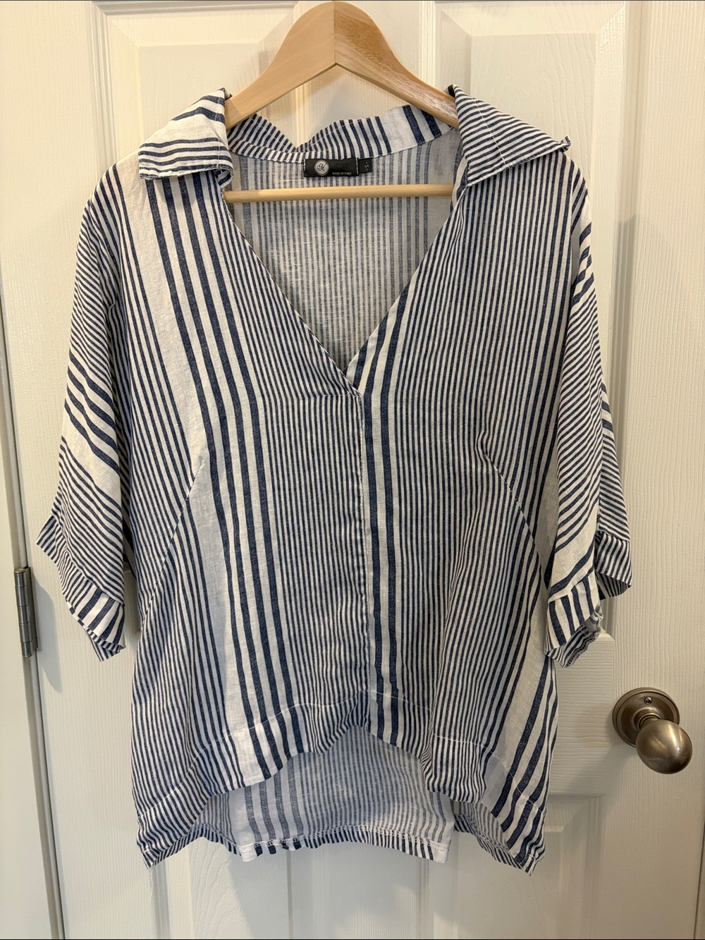 Relaxed Navy & White Striped Button-Down Shirt - Linen Summer Top